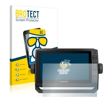 Parte frontal de un envase de producto con el logotipo de la marca BROTECT. Al lado se muestra el dispositivo Garmin ECHOMAP U