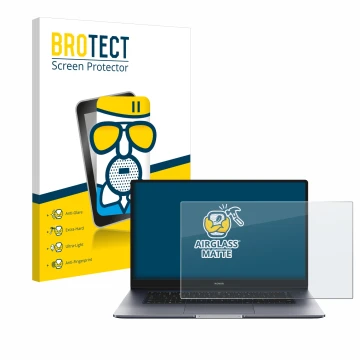 Parte frontal de un envase de producto con el logotipo de la marca BROTECT. Al lado se muestra el dispositivo Honor MagicBook 