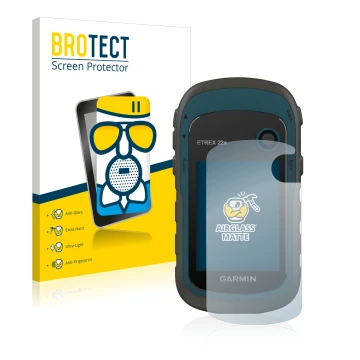 Parte frontal de un envase de producto con el logotipo de la marca BROTECT. Al lado se muestra el dispositivo Garmin eTrex 22x