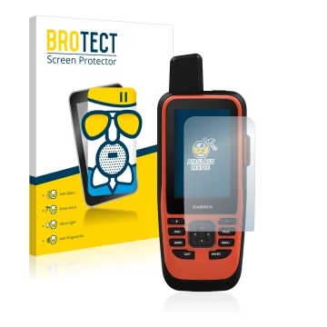 Parte frontal de un envase de producto con el logotipo de la marca BROTECT. Al lado se muestra el dispositivo Garmin GPSMAP 86