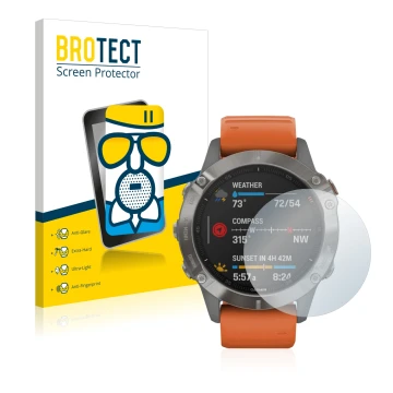Parte frontal de un envase de producto con el logotipo de la marca BROTECT. Al lado se muestra el dispositivo Garmin Fenix 6 c