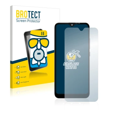 Parte frontal de un envase de producto con el logotipo de la marca BROTECT. Al lado se muestra el dispositivo Gigaset GS110 co