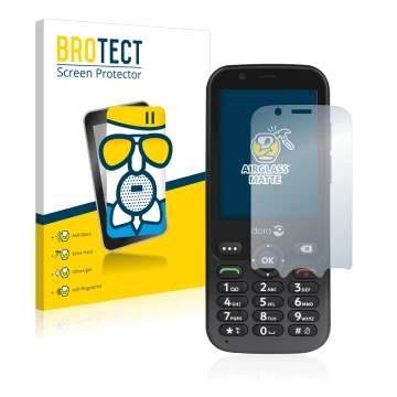 Parte frontal de un envase de producto con el logotipo de la marca BROTECT. Al lado se muestra el dispositivo Doro 7010 con su