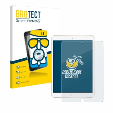 Parte frontal de un envase de producto con el logotipo de la marca BROTECT. Al lado se muestra el dispositivo Apple iPad 10.2