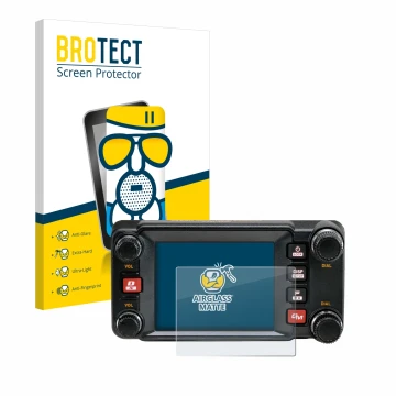 Parte frontal de un envase de producto con el logotipo de la marca BROTECT. Al lado se muestra el dispositivo Yaesu FTM-400XDR