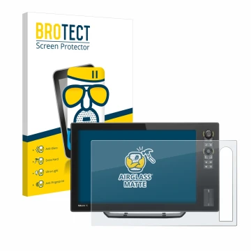 Parte frontal de un envase de producto con el logotipo de la marca BROTECT. Al lado se muestra el dispositivo Humminbird Solix