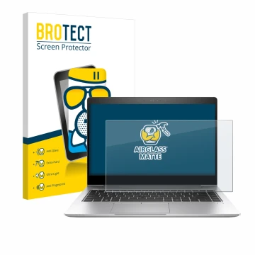 Parte frontal de un envase de producto con el logotipo de la marca BROTECT. Al lado se muestra el dispositivo HP EliteBook 840