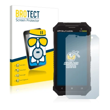 Parte frontal de un envase de producto con el logotipo de la marca BROTECT. Al lado se muestra el dispositivo SkyCaddie SX500 