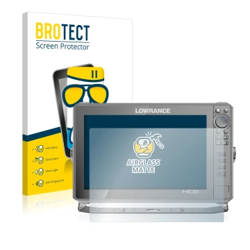 Parte frontal de un envase de producto con el logotipo de la marca BROTECT. Al lado se muestra el dispositivo Lowrance HDS Liv