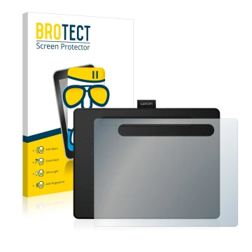 Parte frontal de un envase de producto con el logotipo de la marca BROTECT. Al lado se muestra el dispositivo Wacom Intuos M c