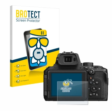 Parte frontal de un envase de producto con el logotipo de la marca BROTECT. Al lado se muestra el dispositivo Nikon Coolpix P9