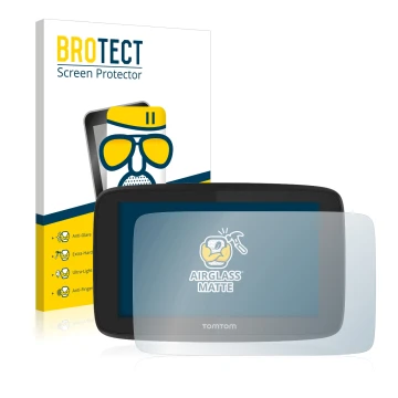 Parte frontal de un envase de producto con el logotipo de la marca BROTECT. Al lado se muestra el dispositivo TomTom Go Profes