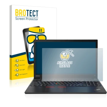 Parte frontal de un envase de producto con el logotipo de la marca BROTECT. Al lado se muestra el dispositivo Lenovo ThinkPad 