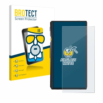 Parte frontal de un envase de producto con el logotipo de la marca BROTECT. Al lado se muestra el dispositivo FiiO M11 Pro con