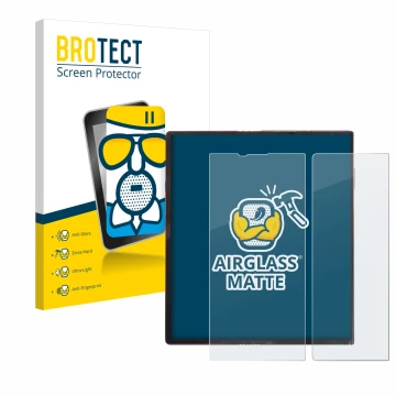 Parte frontal de un envase de producto con el logotipo de la marca BROTECT. Al lado se muestra el dispositivo Huawei Mate Xs c