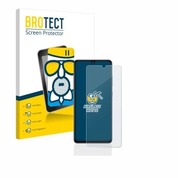 Parte frontal de un envase de producto con el logotipo de la marca BROTECT. Al lado se muestra el dispositivo Samsung Galaxy A