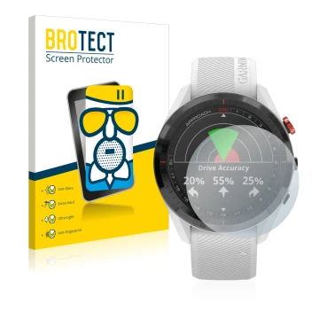 Parte frontal de un envase de producto con el logotipo de la marca BROTECT. Al lado se muestra el dispositivo Garmin Approach 