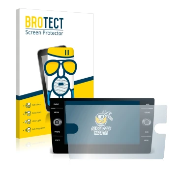 Parte frontal de un envase de producto con el logotipo de la marca BROTECT. Al lado se muestra el dispositivo Volkswagen Arteo