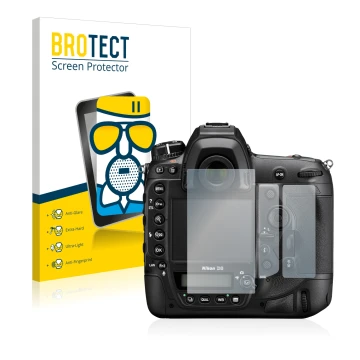 Parte frontal de un envase de producto con el logotipo de la marca BROTECT. Al lado se muestra el dispositivo Nikon D6 con su 