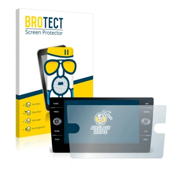 Parte frontal de un envase de producto con el logotipo de la marca BROTECT. Al lado se muestra el dispositivo Volkswagen Golf 