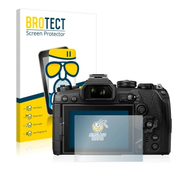Parte frontal de un envase de producto con el logotipo de la marca BROTECT. Al lado se muestra el dispositivo Olympus OM-D E-M