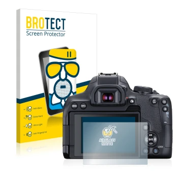 Parte frontal de un envase de producto con el logotipo de la marca BROTECT. Al lado se muestra el dispositivo Canon EOS 850D c