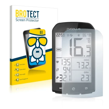 Parte frontal de un envase de producto con el logotipo de la marca BROTECT. Al lado se muestra el dispositivo Cycplus M1 2.9