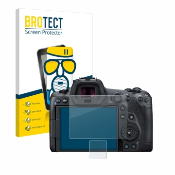 Parte frontal de un envase de producto con el logotipo de la marca BROTECT. Al lado se muestra el dispositivo Canon EOS R5 con