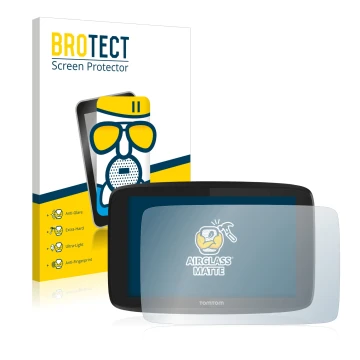 Parte frontal de un envase de producto con el logotipo de la marca BROTECT. Al lado se muestra el dispositivo TomTom Go Profes