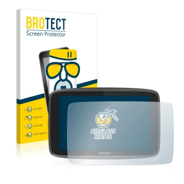 Parte frontal de un envase de producto con el logotipo de la marca BROTECT. Al lado se muestra el dispositivo TomTom Go Profes