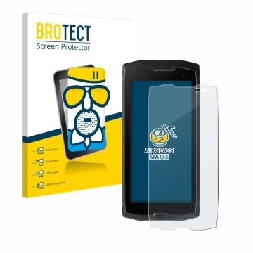 Parte frontal de un envase de producto con el logotipo de la marca BROTECT. Al lado se muestra el dispositivo Crosscall Core M