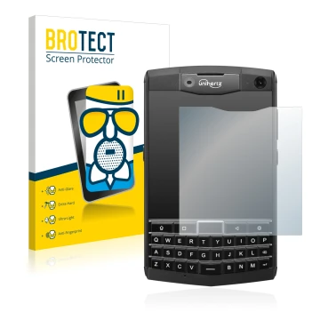 Parte frontal de un envase de producto con el logotipo de la marca BROTECT. Al lado se muestra el dispositivo Unihertz Titan c