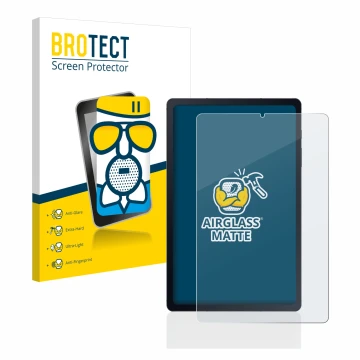 Parte frontal de un envase de producto con el logotipo de la marca BROTECT. Al lado se muestra el dispositivo Samsung Galaxy T