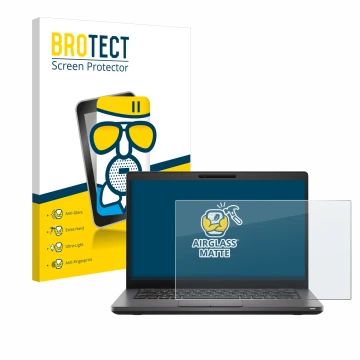 Parte frontal de un envase de producto con el logotipo de la marca BROTECT. Al lado se muestra el dispositivo Dell Latitude 54