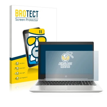 Parte frontal de un envase de producto con el logotipo de la marca BROTECT. Al lado se muestra el dispositivo HP ProBook 450 G