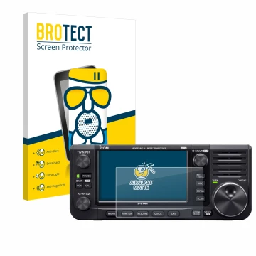Parte frontal de un envase de producto con el logotipo de la marca BROTECT. Al lado se muestra el dispositivo Icom IC-705 con 