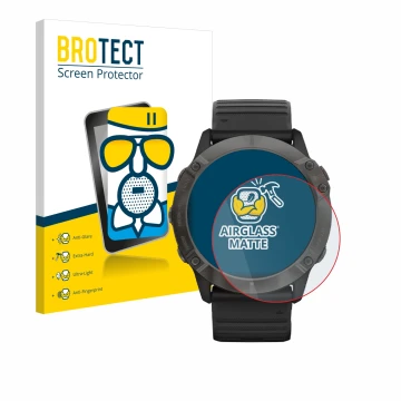 Parte frontal de un envase de producto con el logotipo de la marca BROTECT. Al lado se muestra el dispositivo Garmin Fenix 6X 