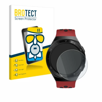 Parte frontal de un envase de producto con el logotipo de la marca BROTECT. Al lado se muestra el dispositivo Huawei Watch GT 