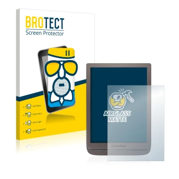 Parte frontal de un envase de producto con el logotipo de la marca BROTECT. Al lado se muestra el dispositivo PocketBook InkPa