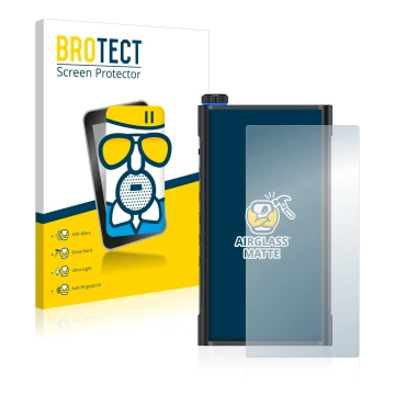 Parte frontal de un envase de producto con el logotipo de la marca BROTECT. Al lado se muestra el dispositivo FiiO M15 con su 