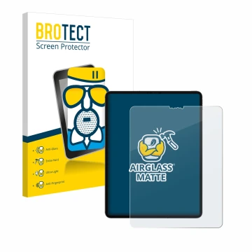 Parte frontal de un envase de producto con el logotipo de la marca BROTECT. Al lado se muestra el dispositivo Apple iPad 12.9