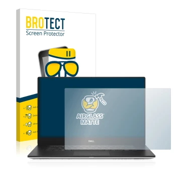 Parte frontal de un envase de producto con el logotipo de la marca BROTECT. Al lado se muestra el dispositivo Dell Precision 5