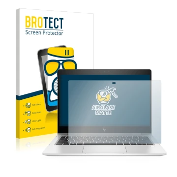 Parte frontal de un envase de producto con el logotipo de la marca BROTECT. Al lado se muestra el dispositivo HP EliteBook x36