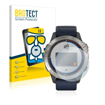 Parte frontal de un envase de producto con el logotipo de la marca BROTECT. Al lado se muestra el dispositivo Garmin quatix 6 