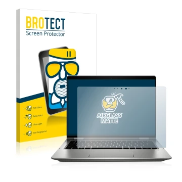 Parte frontal de un envase de producto con el logotipo de la marca BROTECT. Al lado se muestra el dispositivo HP ProBook x360 