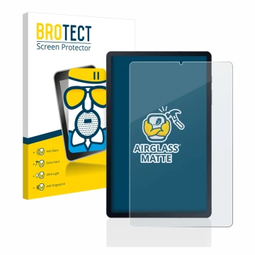 Parte frontal de un envase de producto con el logotipo de la marca BROTECT. Al lado se muestra el dispositivo Samsung Galaxy T