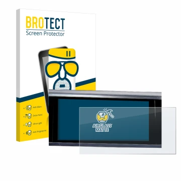 Parte frontal de un envase de producto con el logotipo de la marca BROTECT. Al lado se muestra el dispositivo Audi A6 2018 MMI