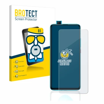 Parte frontal de un envase de producto con el logotipo de la marca BROTECT. Al lado se muestra el dispositivo Xiaomi Poco F2 P