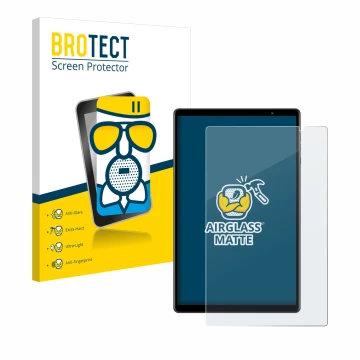 Parte frontal de un envase de producto con el logotipo de la marca BROTECT. Al lado se muestra el dispositivo Teclast P10S con