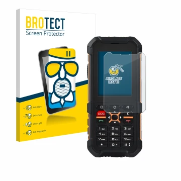 Parte frontal de un envase de producto con el logotipo de la marca BROTECT. Al lado se muestra el dispositivo RugGear RG170 co